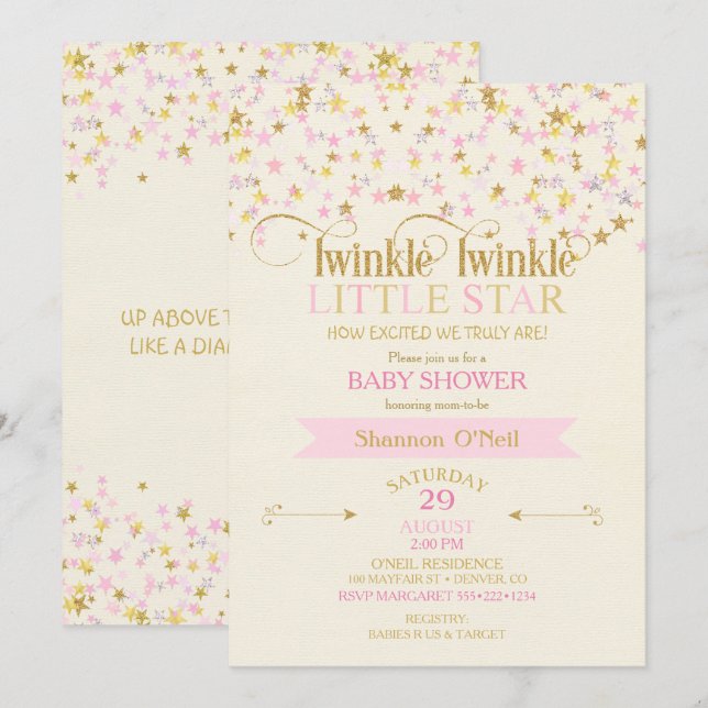 Twinkle Little Star Baby Shower Pink Gold Creme Invitation (Front/Back)