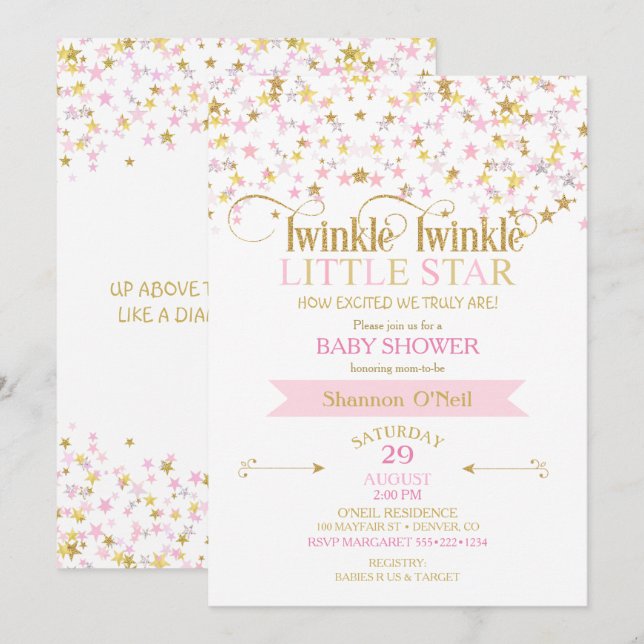 Twinkle Little Star Baby Shower Pink Gold Invitation (Front/Back)