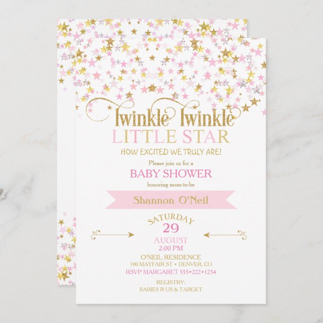 Twinkle Little Star Baby Shower Pink Gold Invitation (Front/Back)