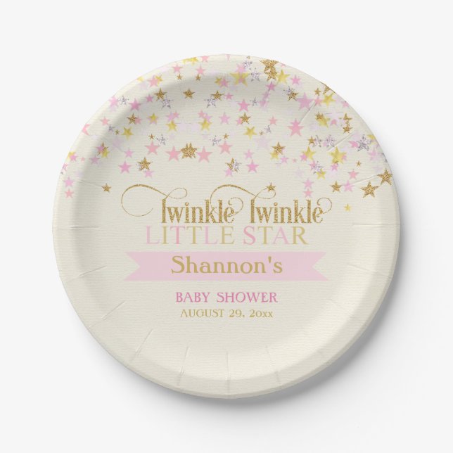 Twinkle Little Star Baby Shower Pink Gold Paper Plates (Front)