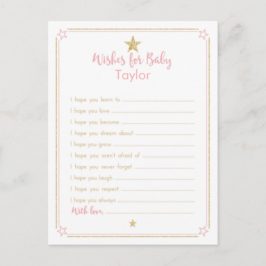 Twinkle Little Star Baby Shower Wishes, Pink Gold Advice Card