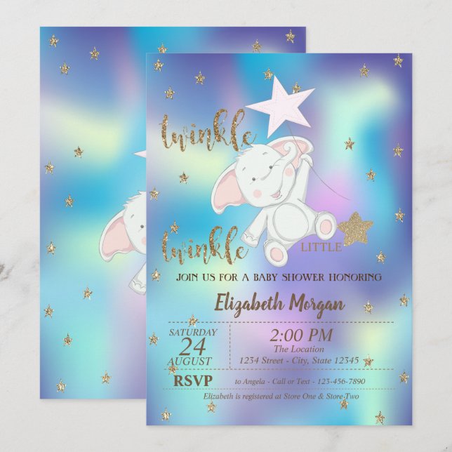 Twinkle Little Star Bear Holographic Baby Shower Invitation (Front/Back)