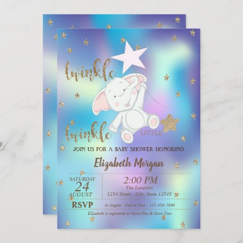 Twinkle Little Star Bear Holographic Baby Shower Invitation