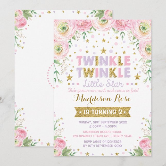 Twinkle Little Star Birthday Invite Pink Floral (Front/Back)