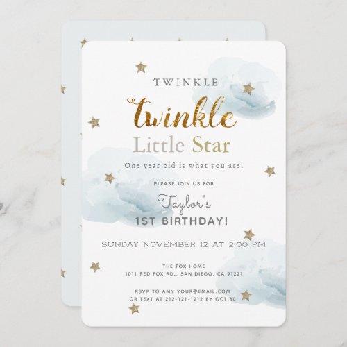 Twinkle Little Star Blue 1st Birthday Invitation