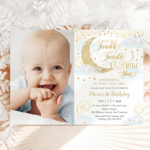 Twinkle Little Star Blue 1st Birthday Photograph Invitation