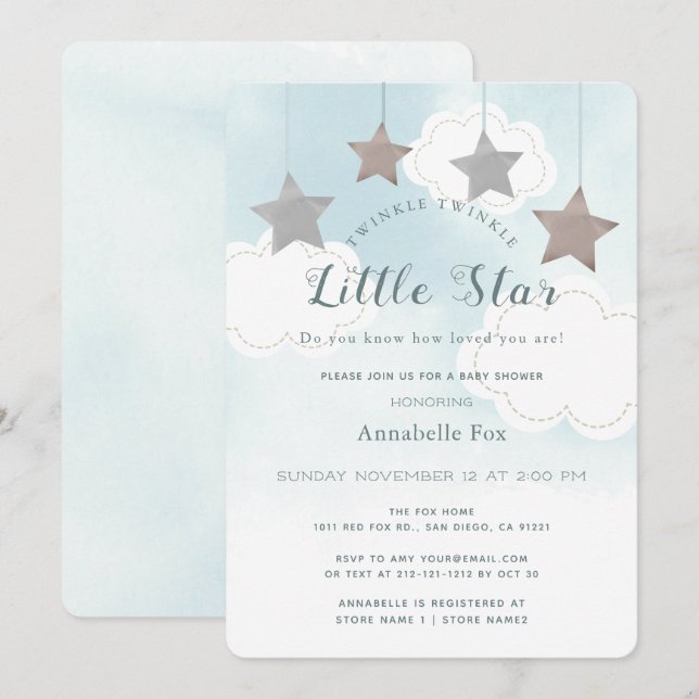 Twinkle Little Star Blue Baby Shower Invitation (Front/Back)