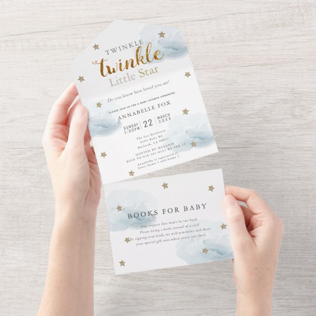 Twinkle Little Star Blue Book Baby Shower All In One Invitation (Tearaway)