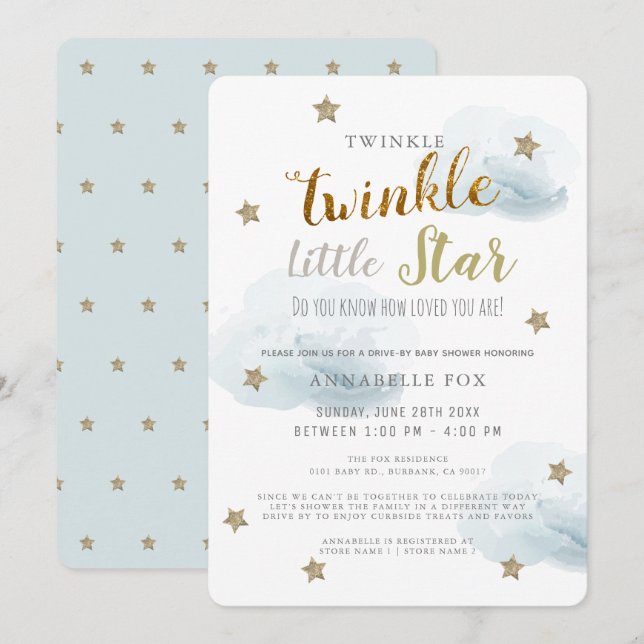 Twinkle Little Star Blue Boy Drive-by Baby Shower Invitation (Front/Back)