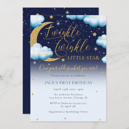 Twinkle Little Star Blue Boy First Birthday Invitation