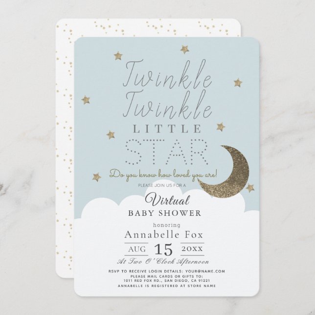 Twinkle Little Star Blue Boy Virtual Baby Shower Invitation (Front/Back)