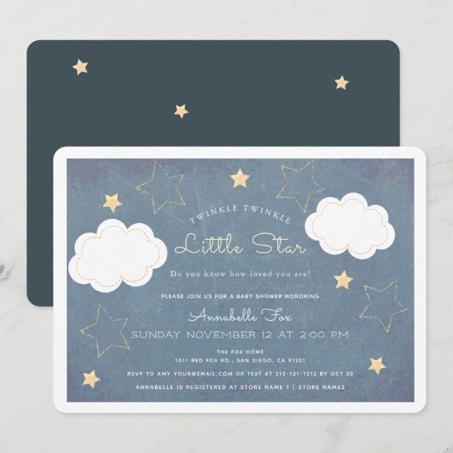 Twinkle Little Star Blue Chalkboard Baby Shower Invitation (Front/Back)