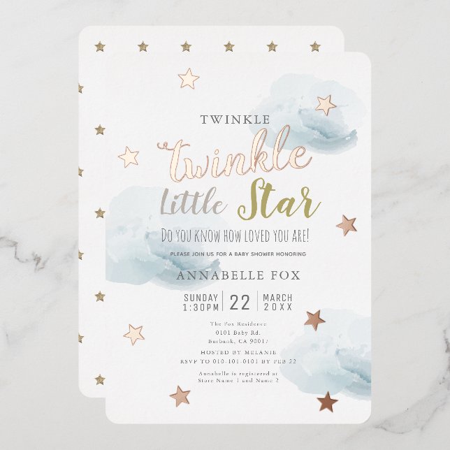 Twinkle Little Star Blue Clouds Baby Shower Foil Invitation (Front/Back)