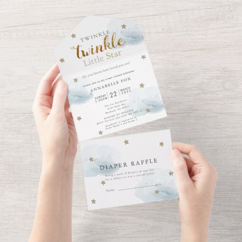 Twinkle Little Star Blue Diaper Baby Shower All In One Invitation