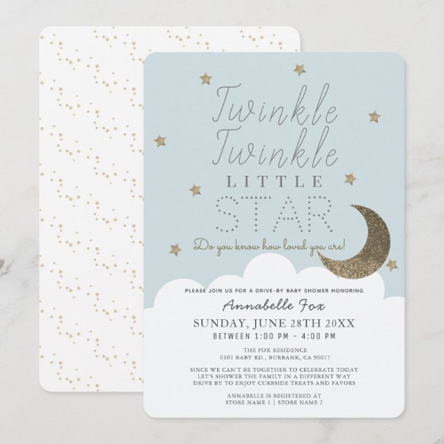 Twinkle Little Star Blue Drive-by Baby Shower Invitation (Front/Back)
