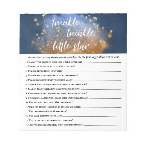 Twinkle Little Star  Blue Gold Nursery Rhyme Quiz Notepad