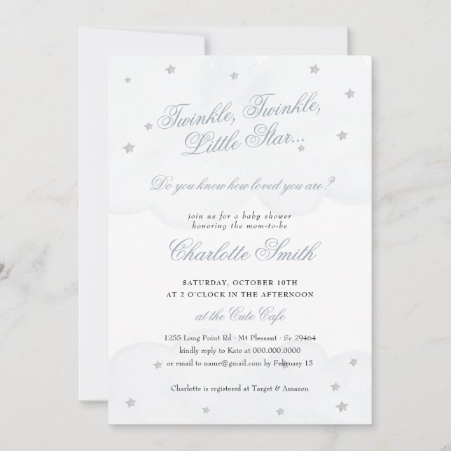 Twinkle Little Star Blue Grey Elegant Baby Shower Invitation (Front)