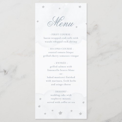 Twinkle Little Star Blue Grey Elegant Baby Shower Menu - Twinkle Little Star Blue Grey Elegant Baby Shower Menu features watercolor clouds and grey stars.
You can edit/personalize whole Template.
If you need any help or matching products, please contact me. I am happy to create the most beautiful personalized products for you!