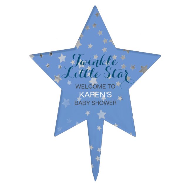 Twinkle Little Star Blue Silver Stars Baby Shower Cake Topper (Front)