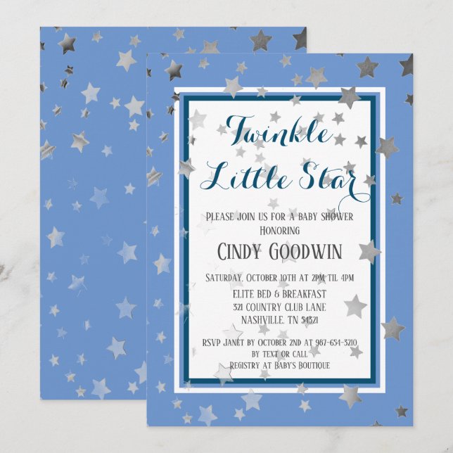 Twinkle Little Star Blue Silver Stars Baby Shower Invitation (Front/Back)