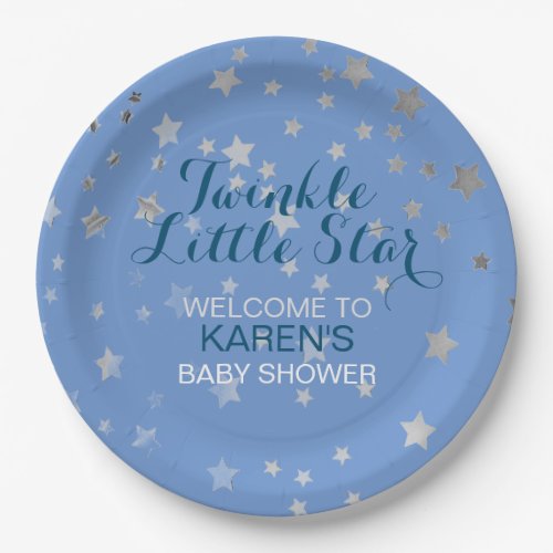 Twinkle Little Star Blue Silver Stars Baby Shower Paper Plates