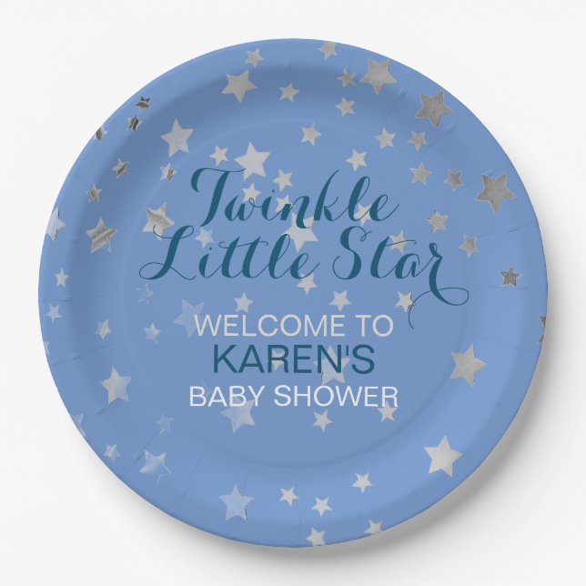 Twinkle Little Star Blue Silver Stars Baby Shower Paper Plates (Front)