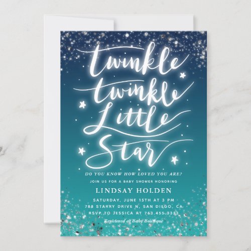 Twinkle Little Star Blue Teal Baby Shower Invitation
