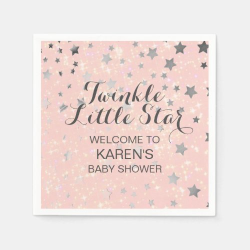 Twinkle Little Star Blush Pink Silver Baby Shower Napkins