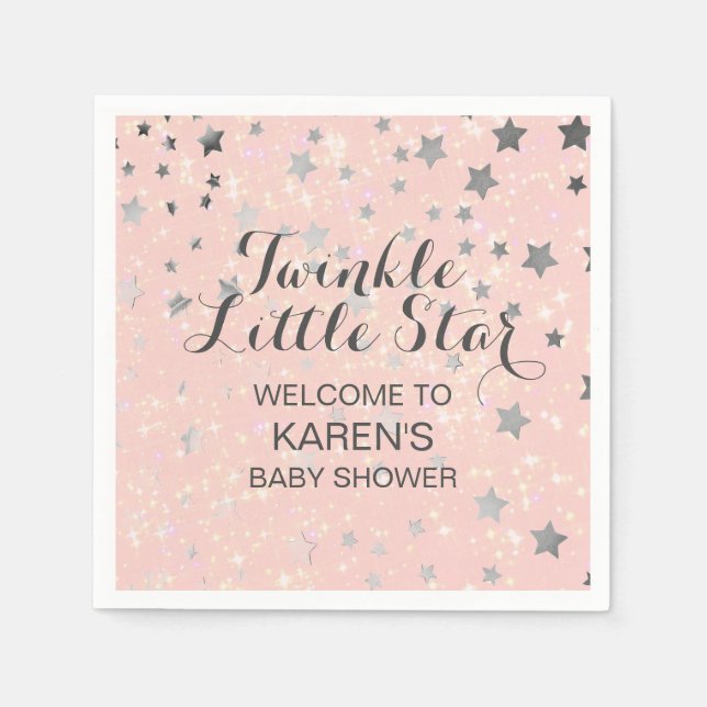 Twinkle Little Star Blush Pink Silver Baby Shower Napkins (Front)