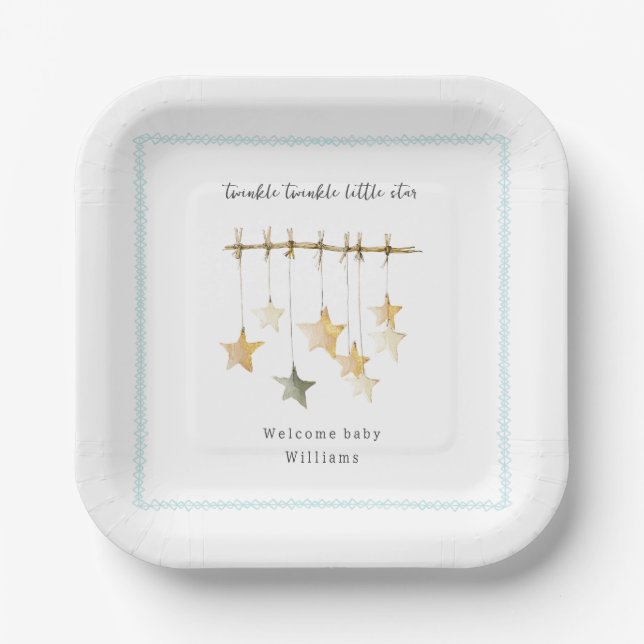 Twinkle Little Star Boho Blue Boy Baby Shower Paper Plates (Front)