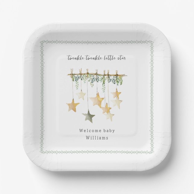 Twinkle Little Star Boho Botanical Baby Shower Paper Plates (Front)