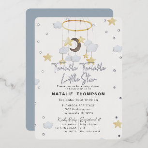 Twinkle Little Star Boy Blue Baby Shower Silver Foil Invitation
