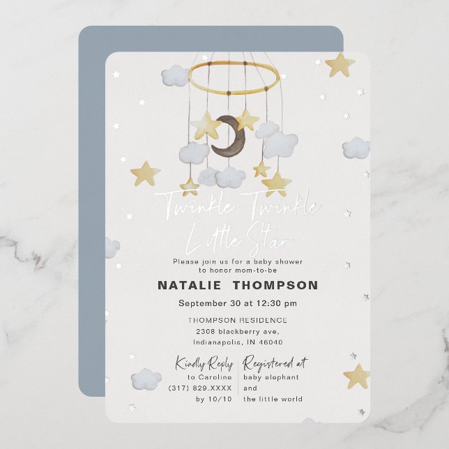 Twinkle Little Star Boy Blue Baby Shower Silver Foil Invitation (Front/Back)
