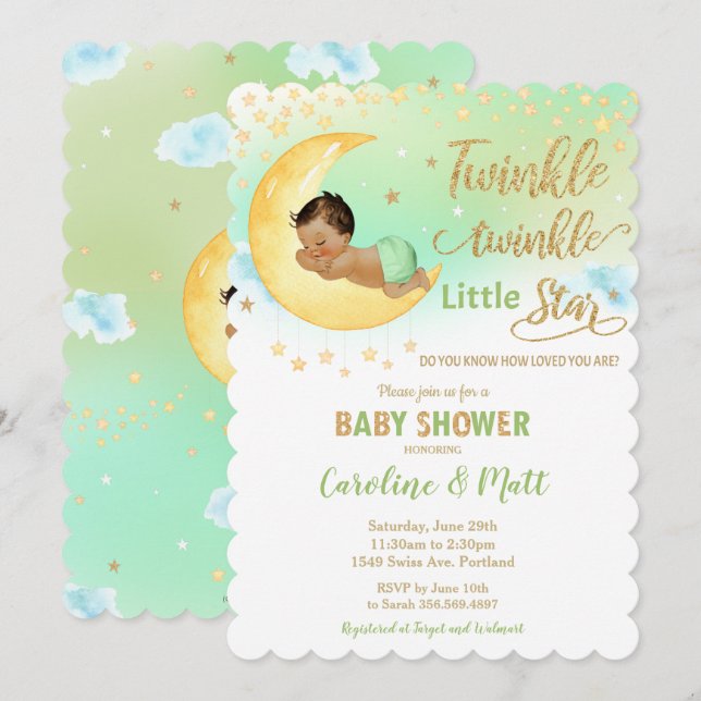 Twinkle Little Star Brown Baby Shower Neutral  Invitation (Front/Back)