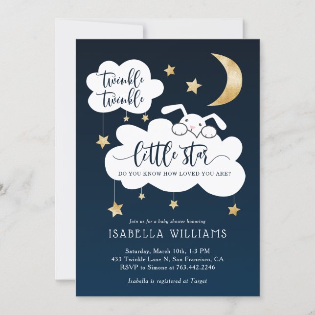 Twinkle Little Star Bunny Navy Baby Shower Invitation (Front)