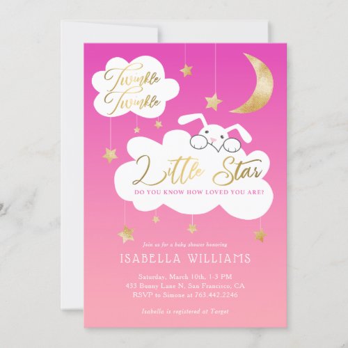 Twinkle Little Star Bunny Pink Baby Shower Invitation