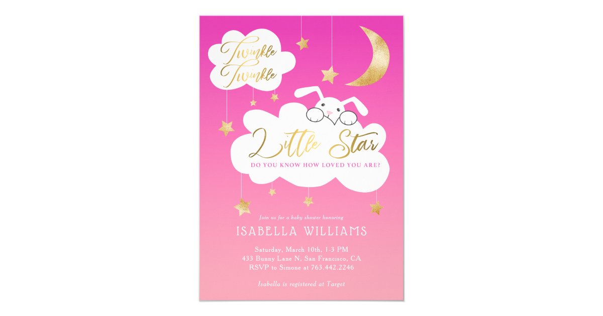 Twinkle Little Star Bunny Pink Baby Shower Invitation Zazzle Com