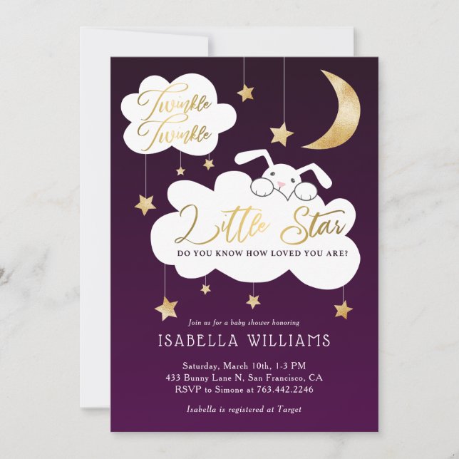 Twinkle Little Star Bunny Purple Baby Shower Invitation (Front)