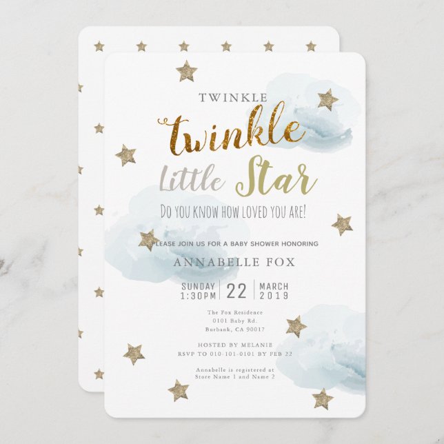 Twinkle Little Star & Cloud Baby Shower Invitation (Front/Back)