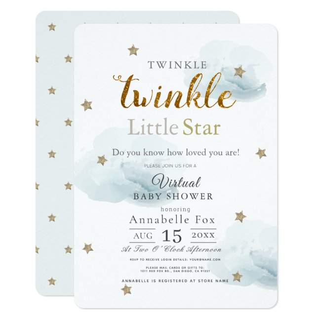 Twinkle Little Star Cloud Blue Virtual Baby Shower Invitation