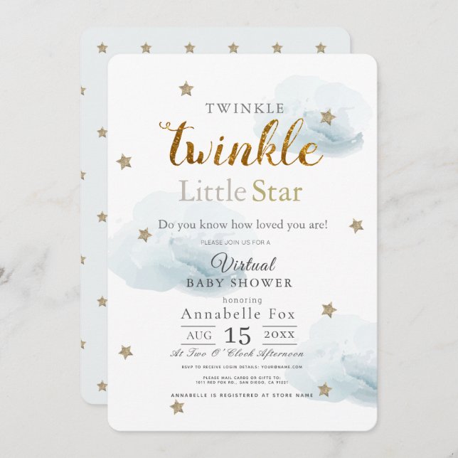 Twinkle Little Star Cloud Blue Virtual Baby Shower Invitation (Front/Back)