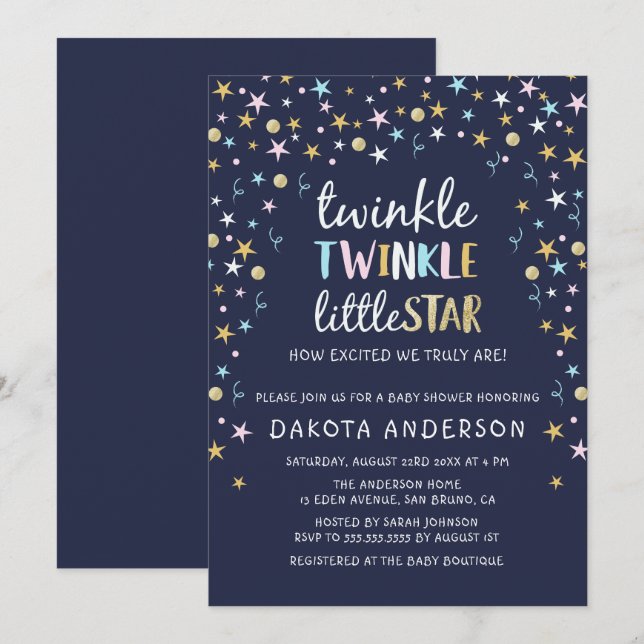 Twinkle Little Star Confetti & Blue Baby Shower Invitation (Front/Back)