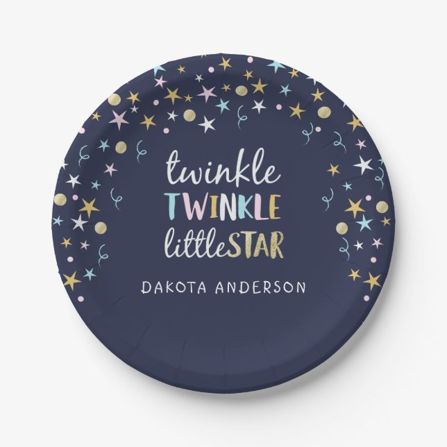 Twinkle Little Star Confetti & Blue Baby Shower Paper Plates (Front)