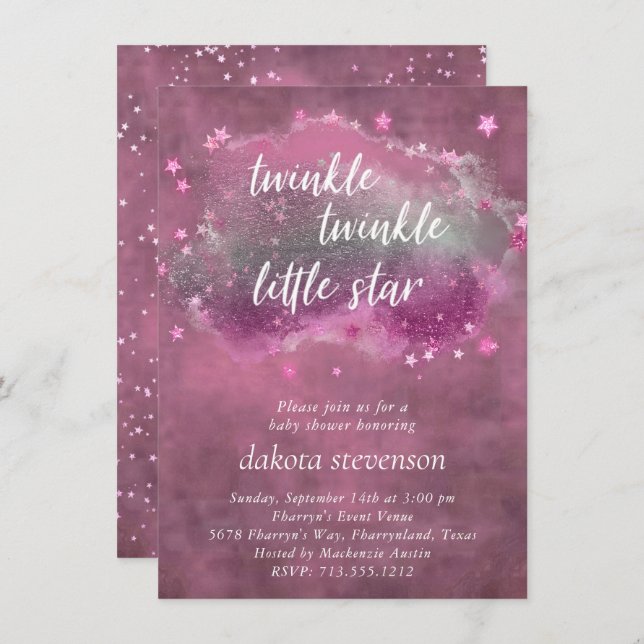 Twinkle Little Star | Dusty Mauve Pink Silver Gray Invitation (Front/Back)