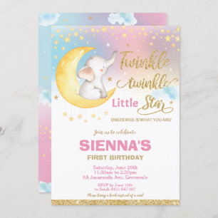 Twinkle Little Star Elephant 1st Birthday Girl Invitation