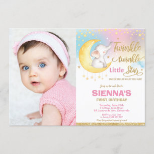 Twinkle Little Star Elephant 1st Birthday Photo Invitation