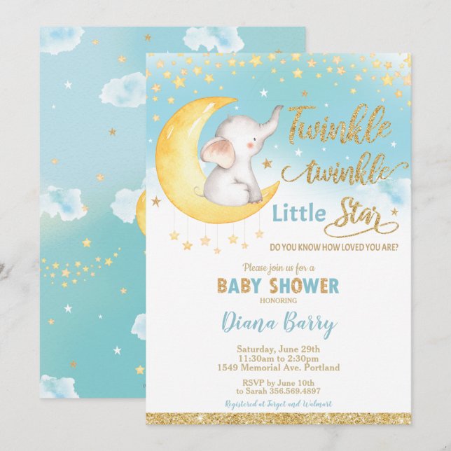 Twinkle Little Star Elephant Baby Shower Boy Invitation (Front/Back)