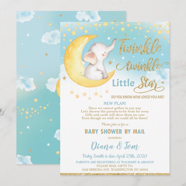 Twinkle Little Star Elephant Baby Shower by Mail Invitation (Front/Back)