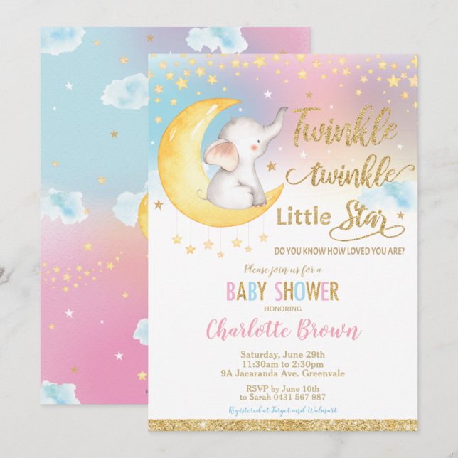 Twinkle Little Star Elephant Baby Shower Girl Boy Invitation (Front/Back)