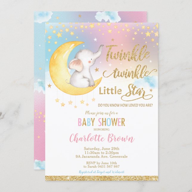 Twinkle Little Star Elephant Baby Shower Girl Boy Invitation (Front/Back)